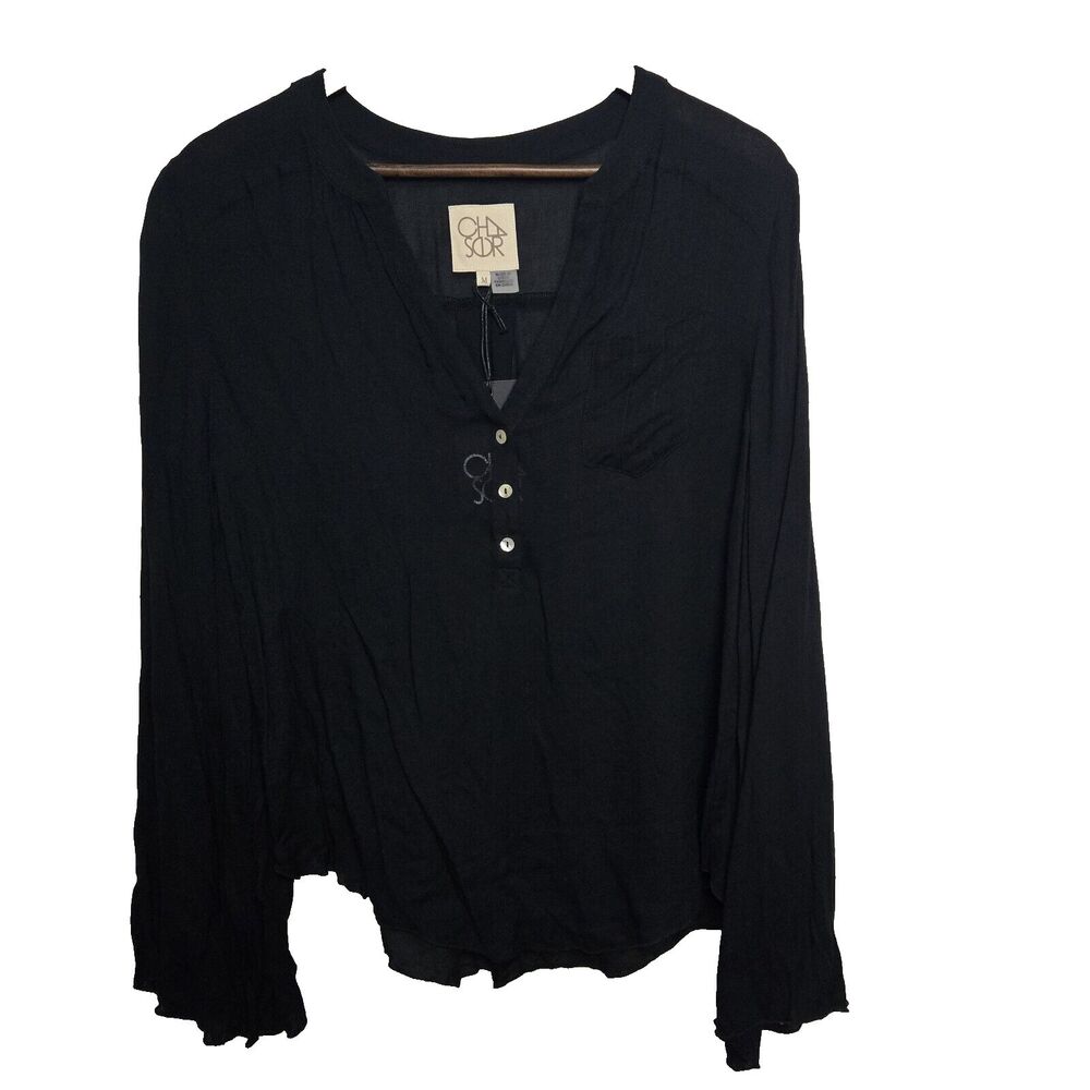 NWT Chaser Black Belle Sleeve Sheer Blouse Womens Medium